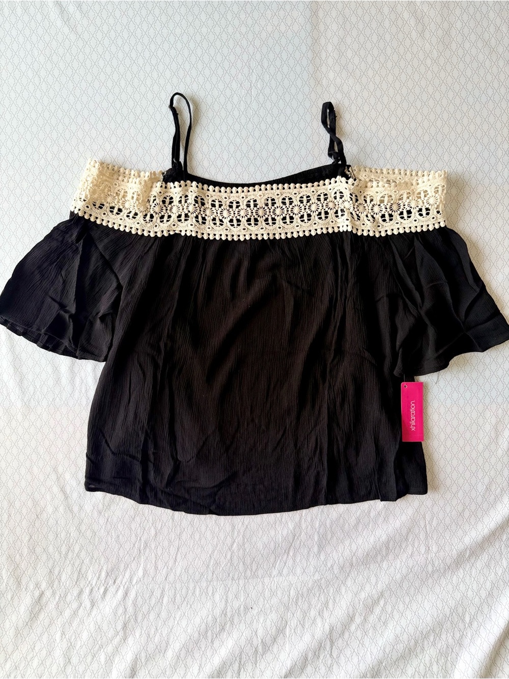 Xhilaration Black Off-Shoulder Camisole with Cream Crochet Trim